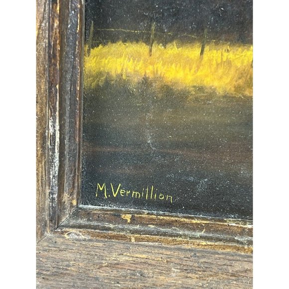 TEXAS ARTIST M. VERMILLION SIGNED OIL LANDSCAPE PAINTING-CABIN YELLOW SKY TREES - Picture 4 of 14